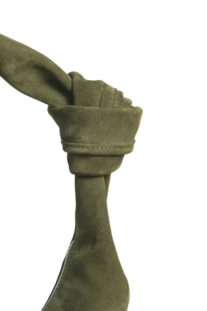 Forest Olive Suede Shoulder Bag with Knotted Handle & Zip Top