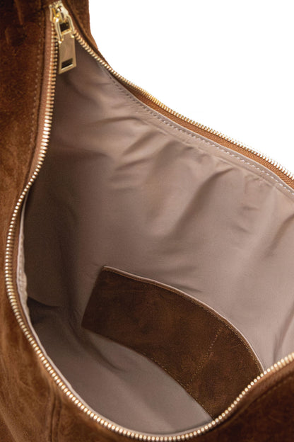 Warm Tan Suede Shoulder Bag with Knotted Handle & Zip Top