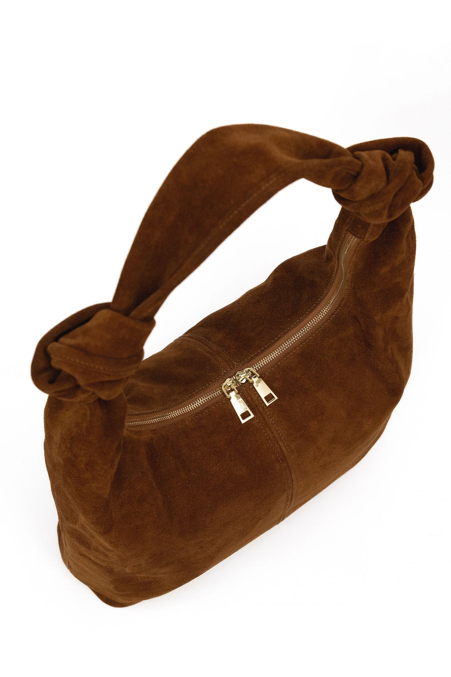 Warm Tan Suede Shoulder Bag with Knotted Handle & Zip Top