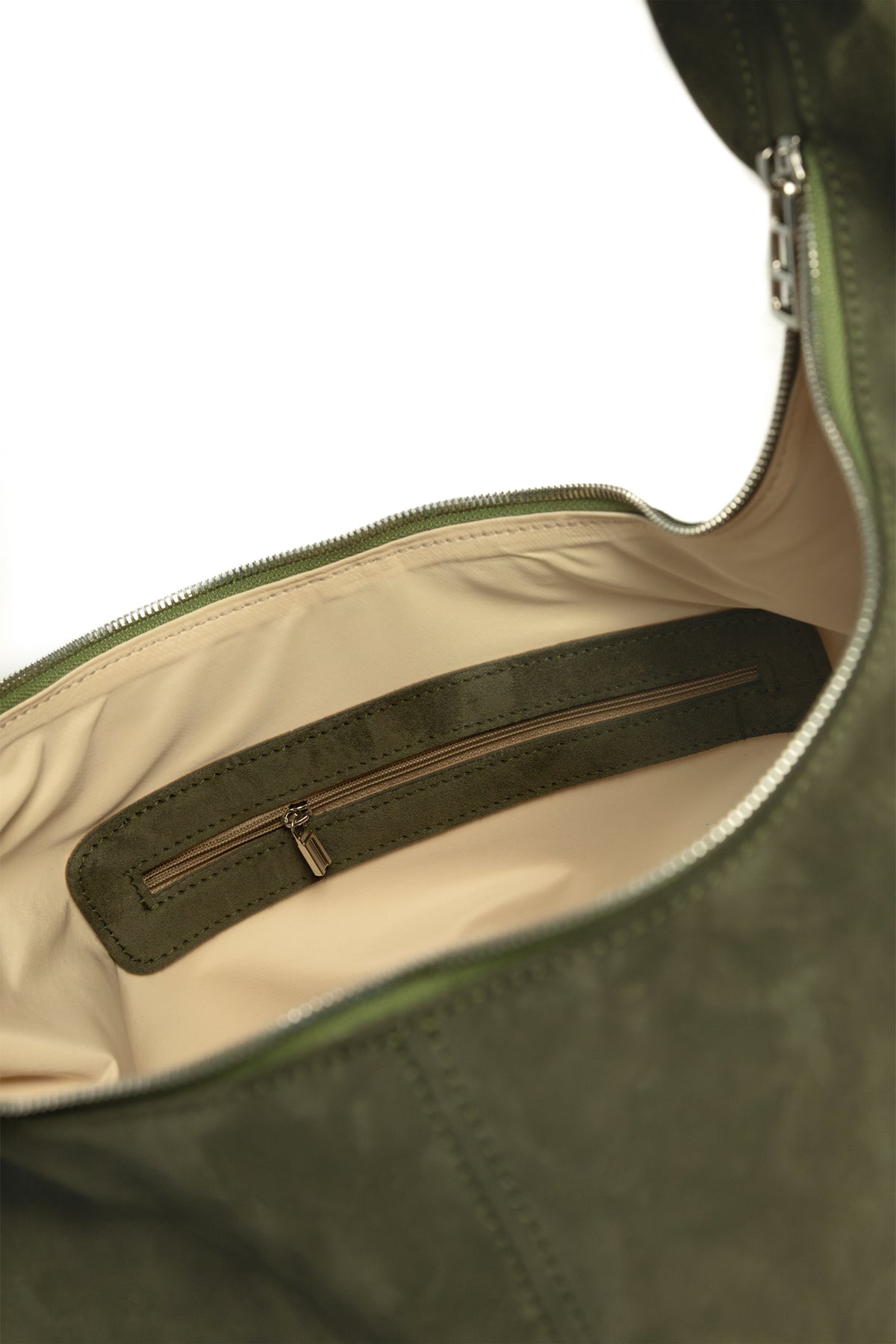 Forest Olive Suede Shoulder Bag with Knotted Handle & Zip Top