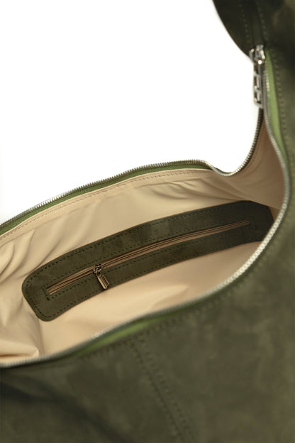 Forest Olive Suede Shoulder Bag with Knotted Handle & Zip Top