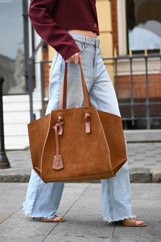 Warm Tan Suede & Leather Large Tote Bag