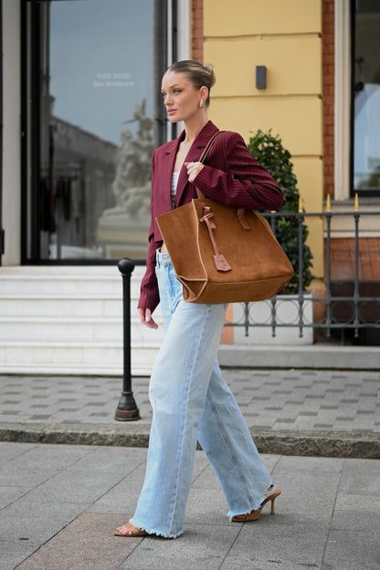 Warm Tan Suede Large Tote Bag