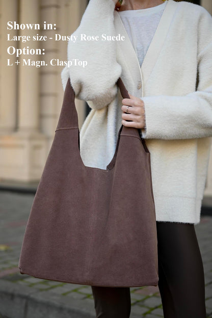 Large Suede Hobo Bag - Slouchy Shoulder Tote in Dusty Rose