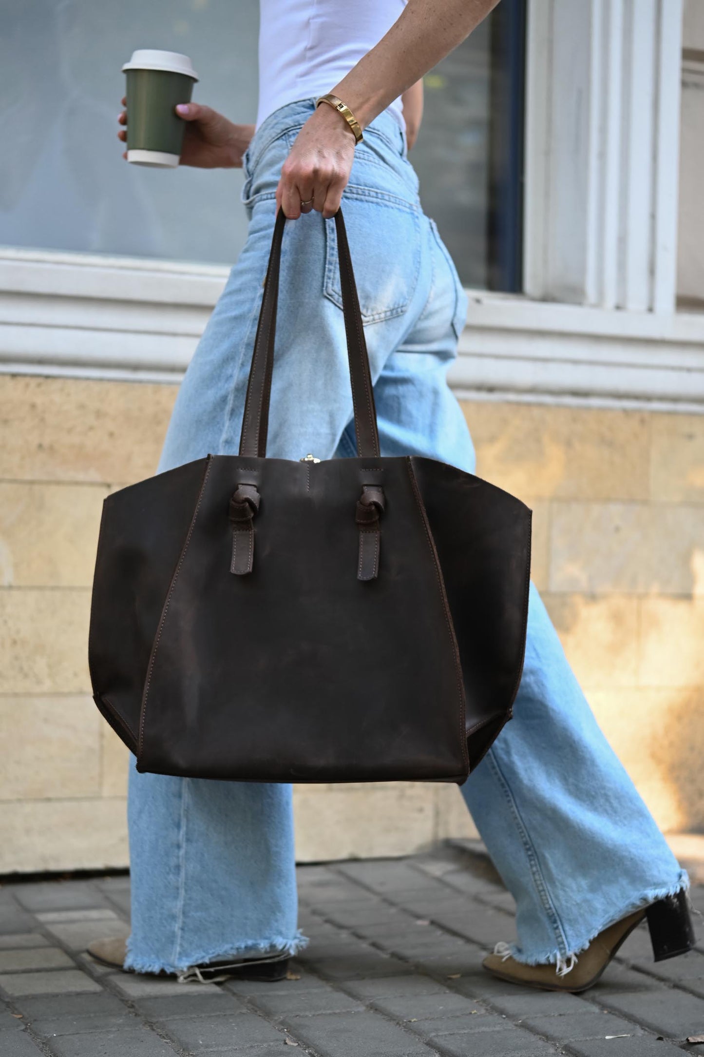 Matte Dark Chocolate Leather Large Tote Bag