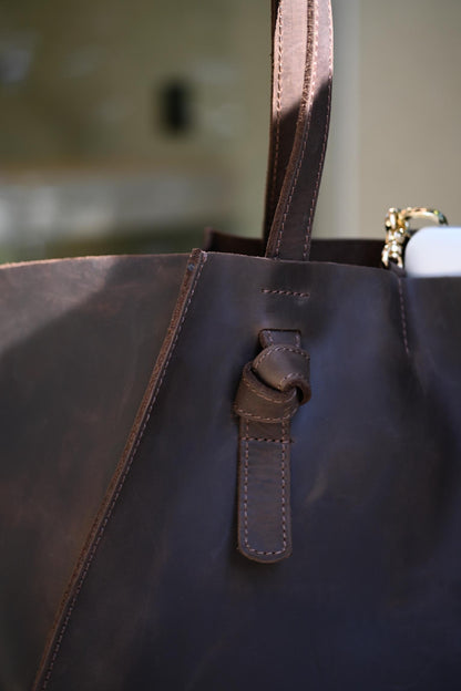 Matte Dark Chocolate Leather Large Tote Bag