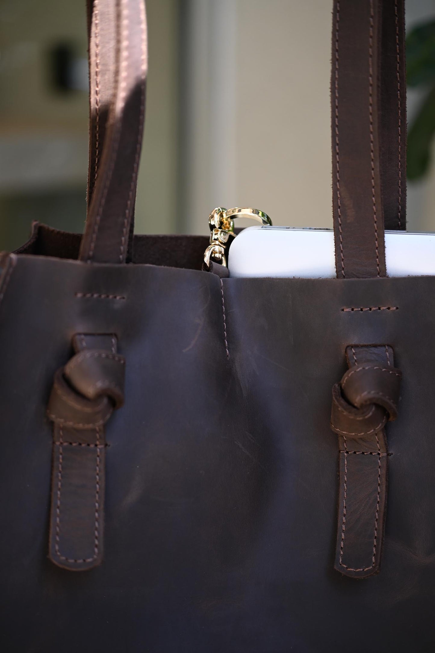 Matte Dark Chocolate Leather Large Tote Bag