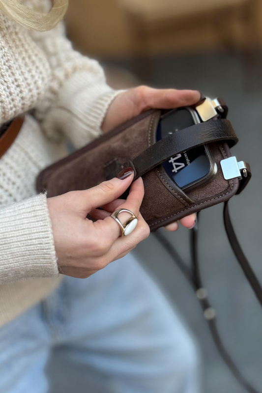 Mahogany Brown Suede Phone Bag - Compact Crossbody Purse
