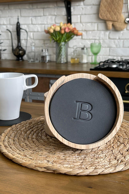 Thick Leather Coaster Set - Personalized with Optional Solid Wood Holder