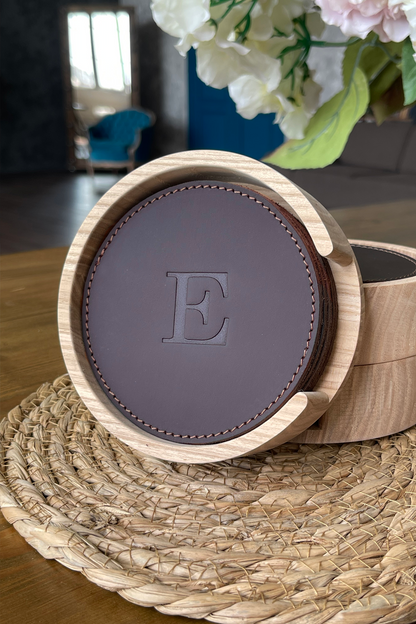 Personalized Leather Coaster Set - Optional Wooden Holder