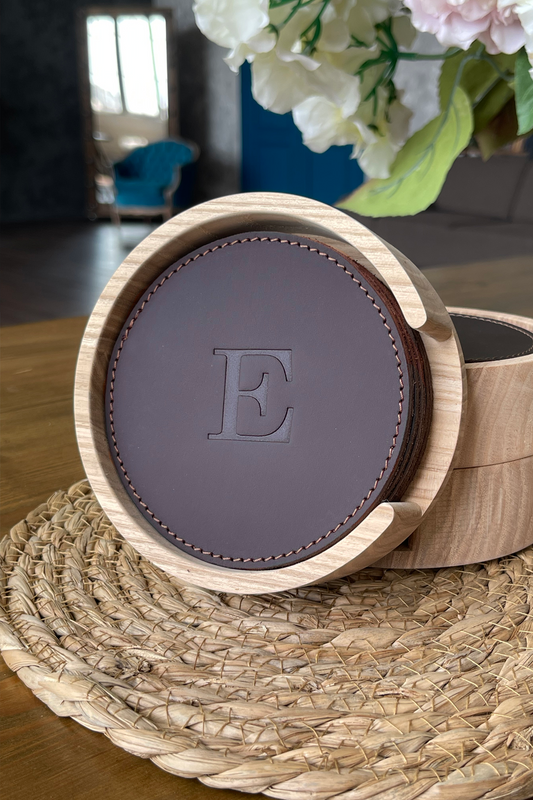 Personalized Leather Coaster Set - Optional Wooden Holder