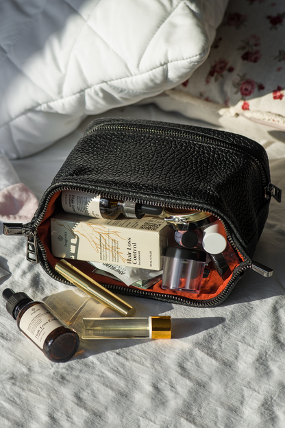 Black Pebbled Leather Dopp Kit - Textured Travel Toiletry Bag for Men & Women
