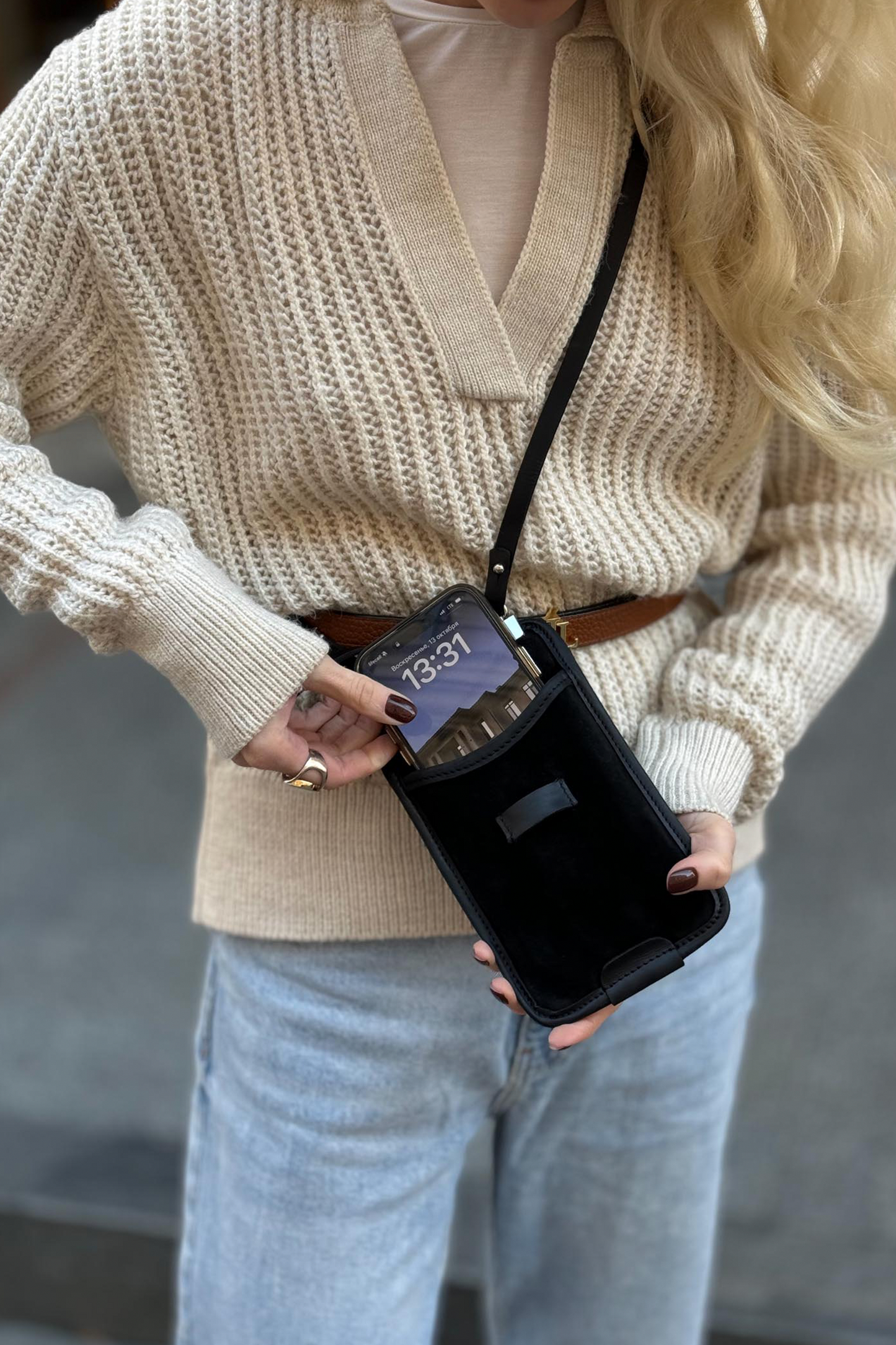 Black Suede Phone Crossbody Bag - Minimal Hands-Free Purse