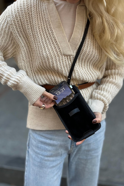 Black Suede Phone Crossbody Bag - Minimal Hands-Free Purse