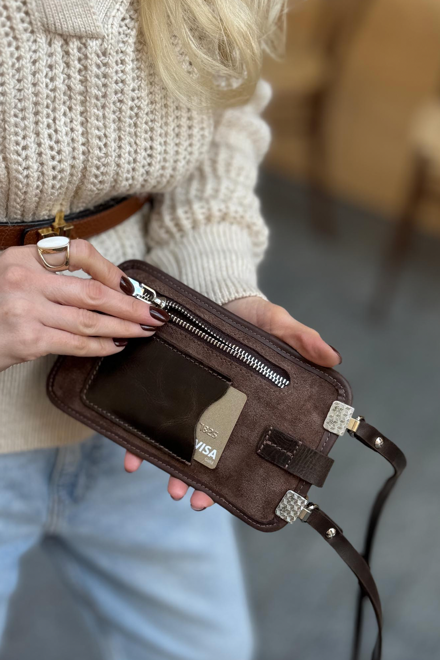 Mahogany Brown Suede Phone Bag - Compact Crossbody Purse