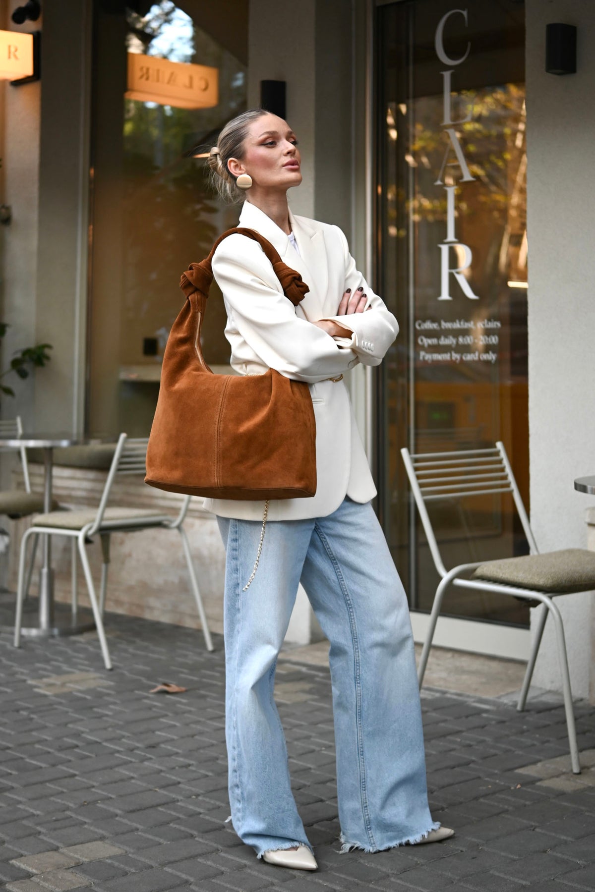 Warm Tan Suede Shoulder Bag with Knotted Handle & Zip Top
