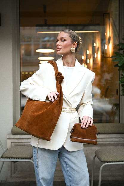 Warm Tan Suede Shoulder Bag with Knotted Handle & Zip Top