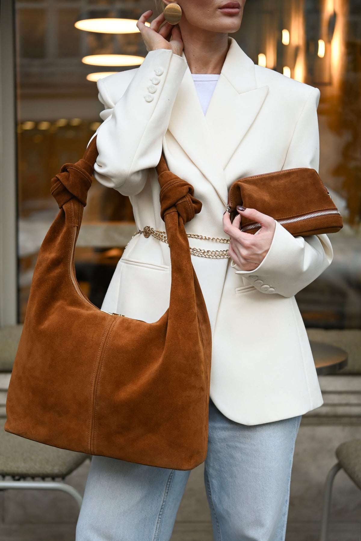 Warm Tan Suede Shoulder Bag with Knotted Handle & Zip Top