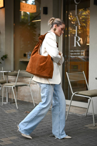 Warm Tan Suede Shoulder Bag with Knotted Handle & Zip Top