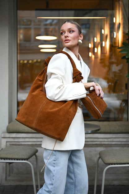 Warm Tan Suede Shoulder Bag with Knotted Handle & Zip Top