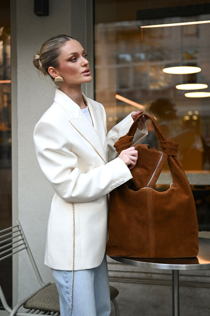 Warm Tan Suede Shoulder Bag with Knotted Handle & Zip Top