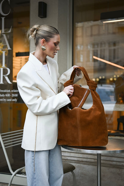Warm Tan Suede Shoulder Bag with Knotted Handle & Zip Top