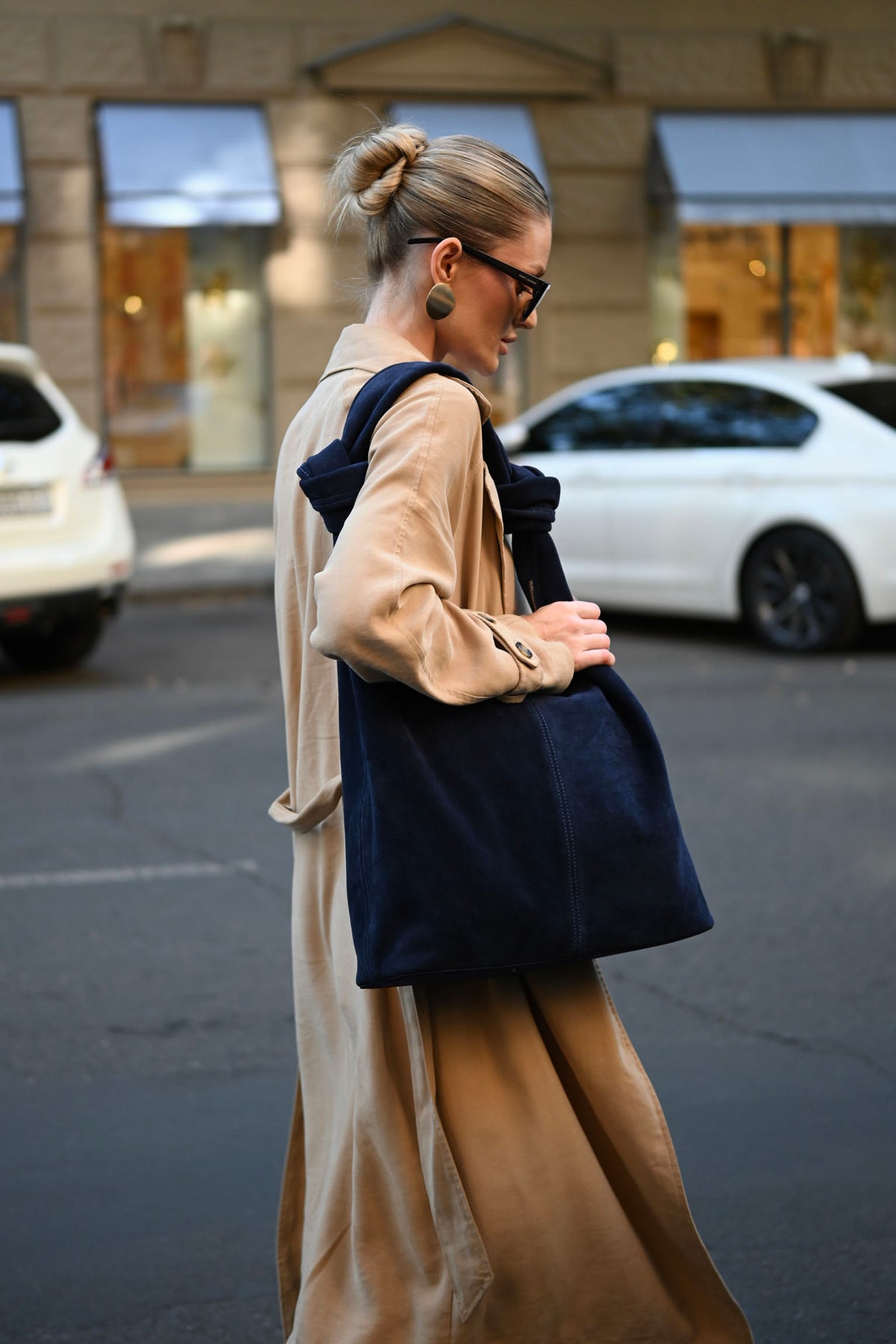 Deep Navy Suede Shoulder Bag with Knotted Handle & Zip Top