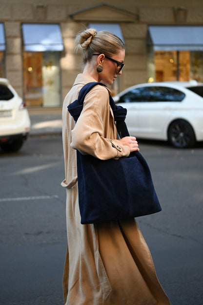Deep Navy Suede Shoulder Bag with Knotted Handle & Zip Top