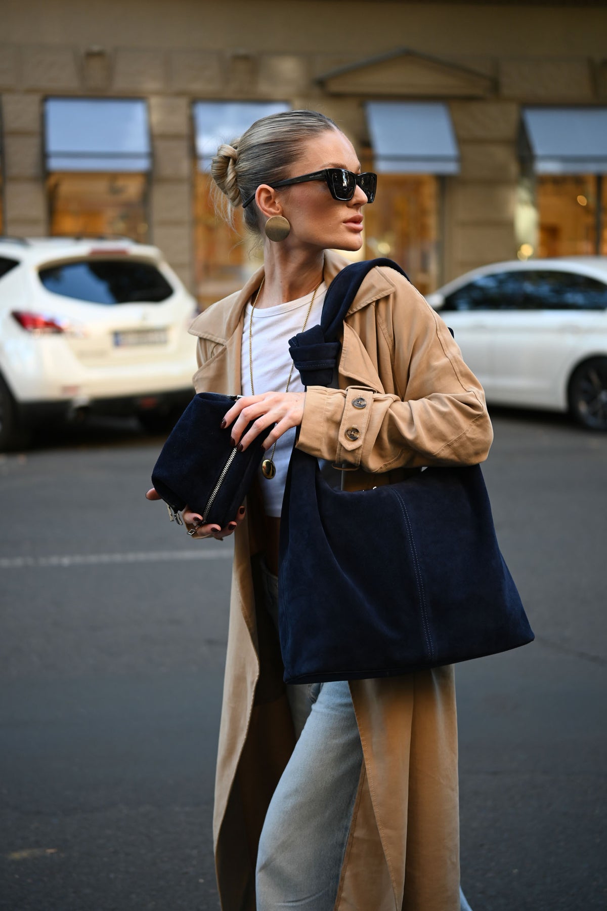 Deep Navy Suede Shoulder Bag with Knotted Handle & Zip Top