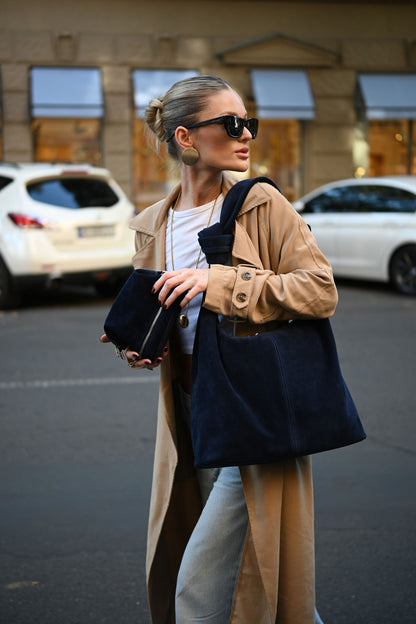 Deep Navy Suede Shoulder Bag with Knotted Handle & Zip Top