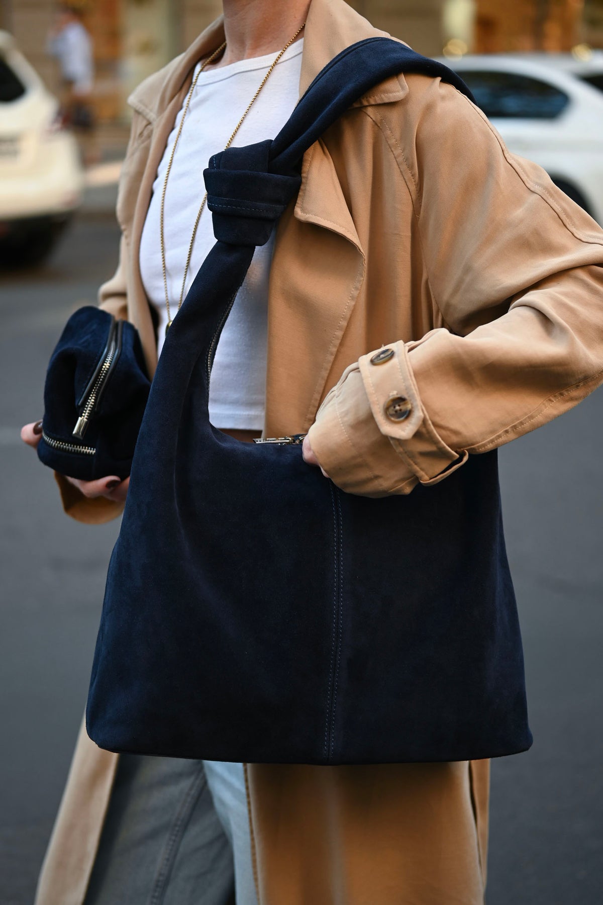 Deep Navy Suede Shoulder Bag with Knotted Handle & Zip Top