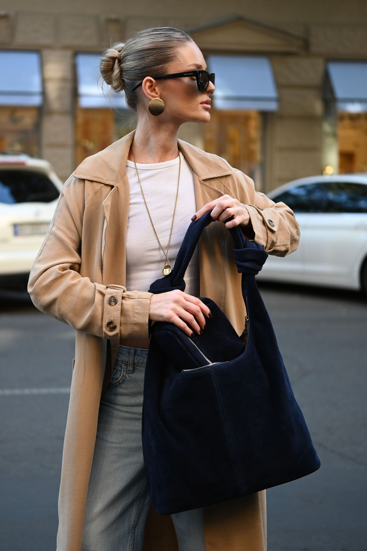 Deep Navy Suede Shoulder Bag with Knotted Handle & Zip Top