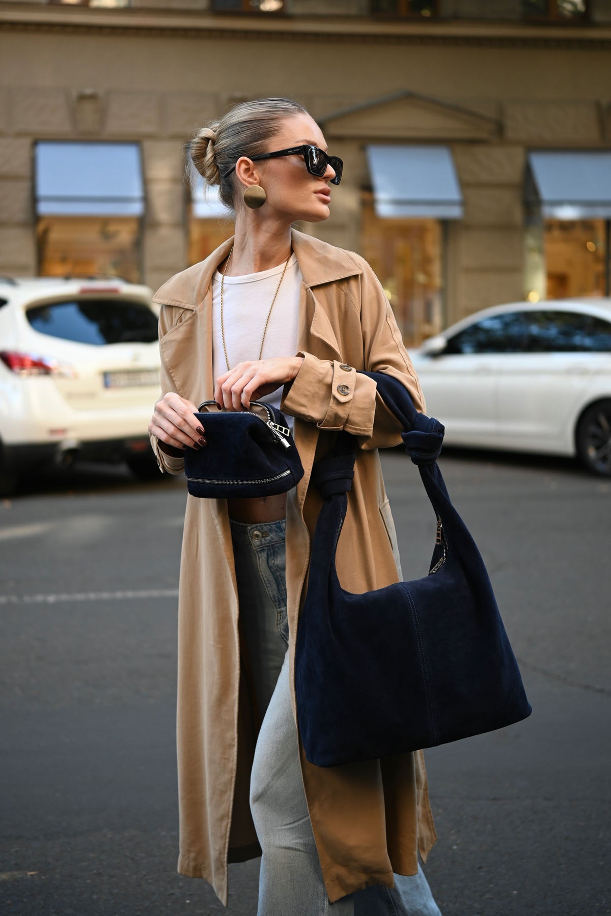 Deep Navy Suede Shoulder Bag with Knotted Handle & Zip Top