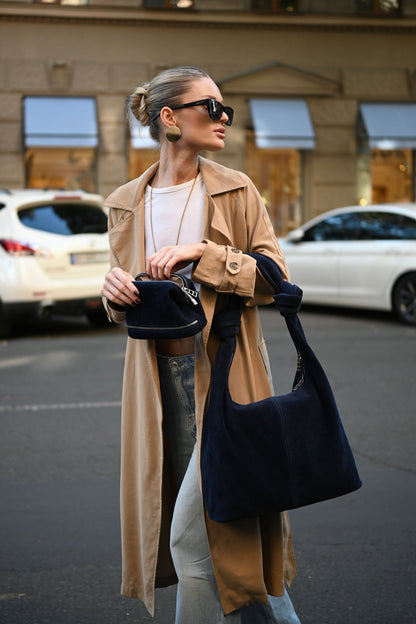 Deep Navy Suede Shoulder Bag with Knotted Handle & Zip Top