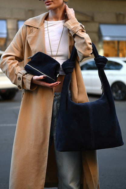 Deep Navy Suede Shoulder Bag with Knotted Handle & Zip Top