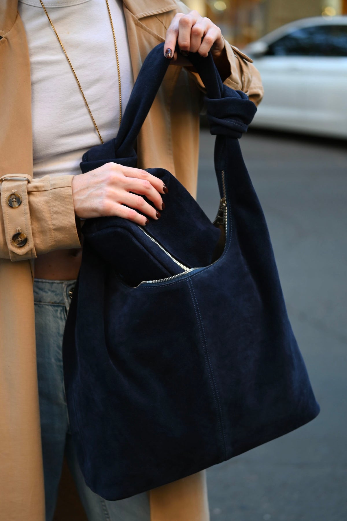Deep Navy Suede Shoulder Bag with Knotted Handle & Zip Top