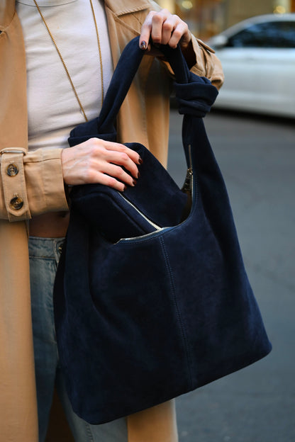 Deep Navy Suede Shoulder Bag with Knotted Handle & Zip Top