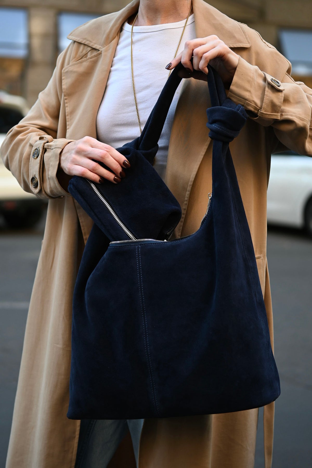 Deep Navy Suede Shoulder Bag with Knotted Handle & Zip Top
