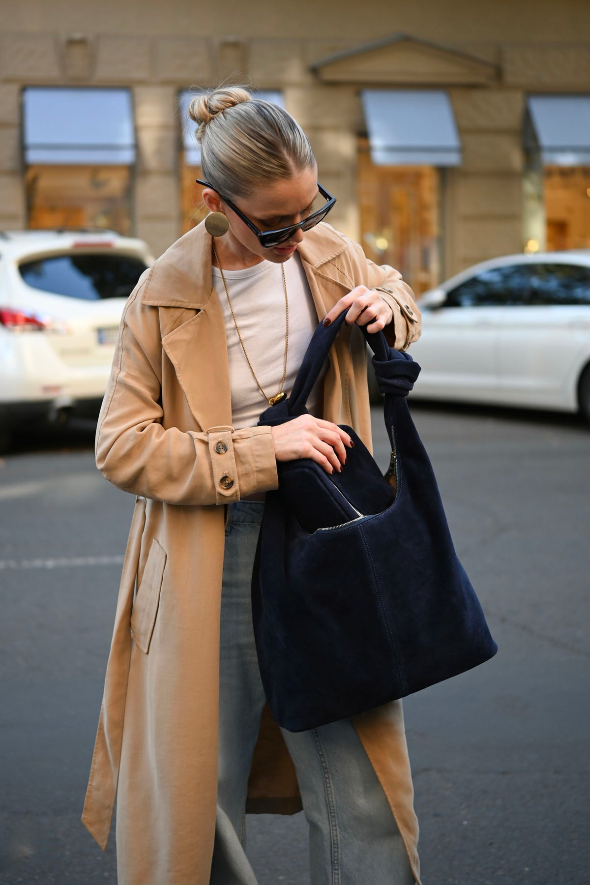 Deep Navy Suede Shoulder Bag with Knotted Handle & Zip Top