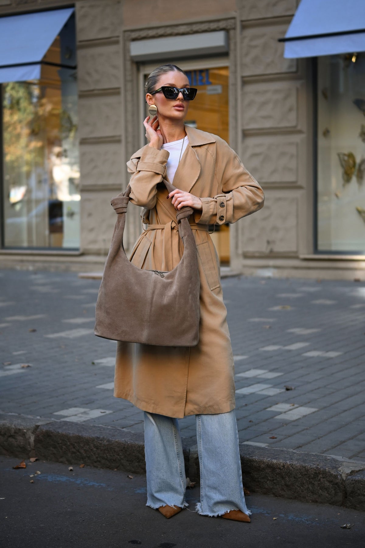 Mushroom Suede Shoulder Bag with Knotted Handle & Zip Top