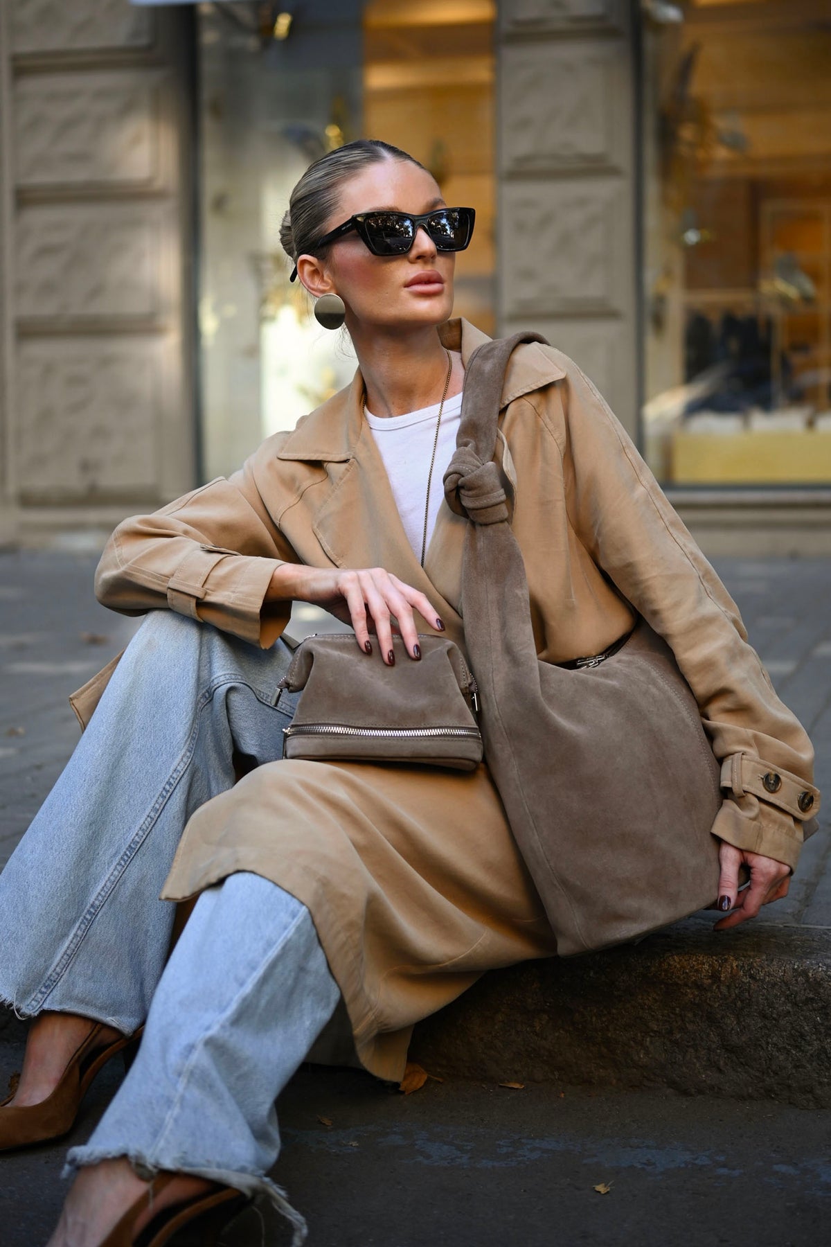 Mushroom Suede Shoulder Bag with Knotted Handle & Zip Top