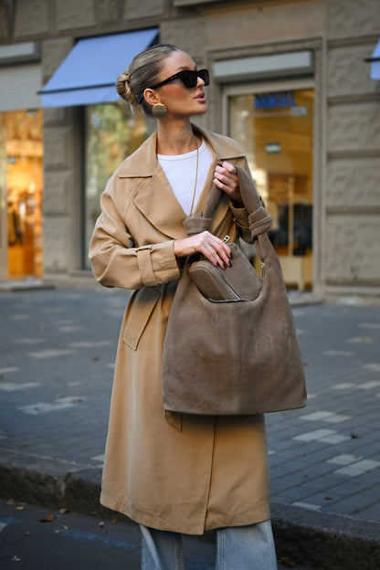 Mushroom Suede Shoulder Bag with Knotted Handle & Zip Top