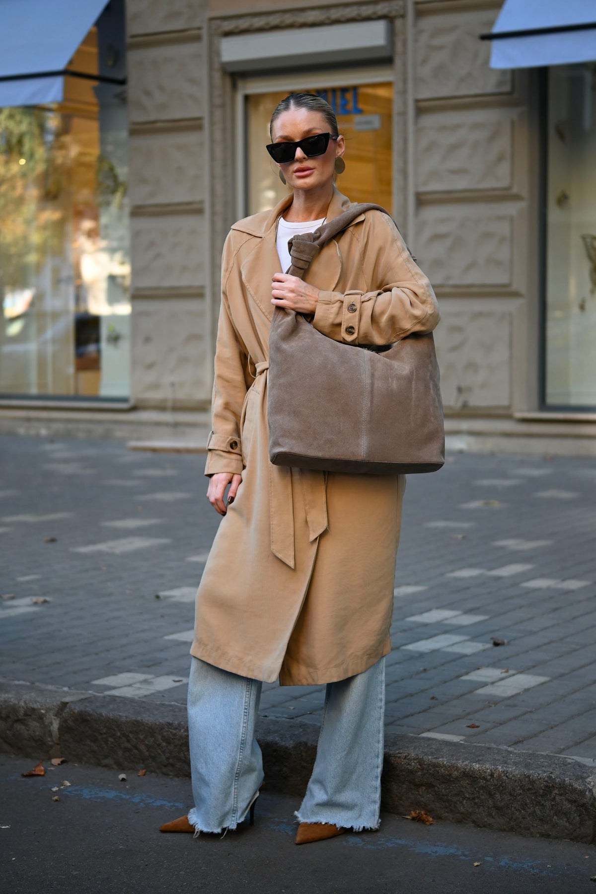 Mushroom Suede Shoulder Bag with Knotted Handle & Zip Top