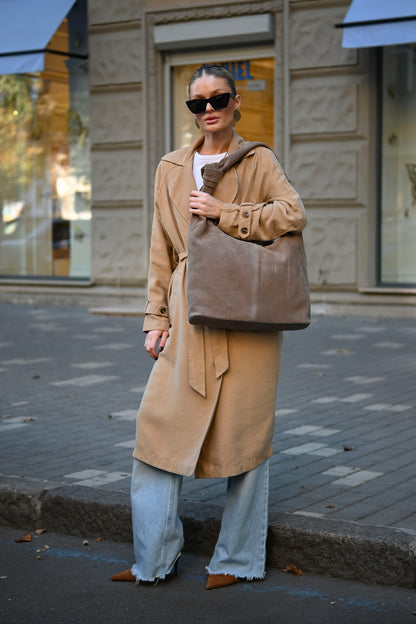 Mushroom Suede Shoulder Bag with Knotted Handle & Zip Top