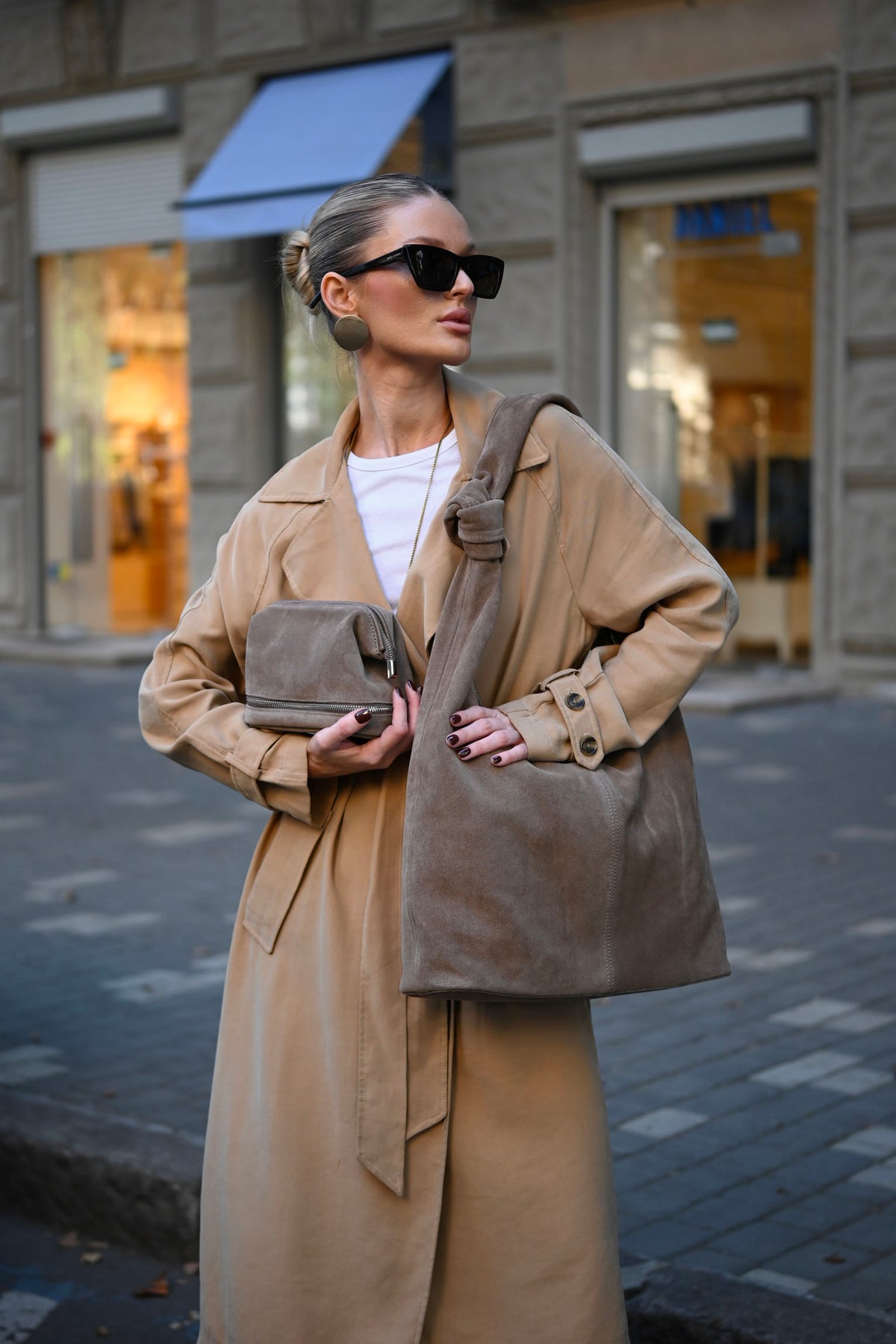 Mushroom Suede Shoulder Bag with Knotted Handle & Zip Top