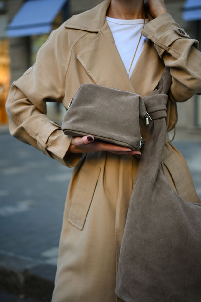 Mushroom Suede Shoulder Bag with Knotted Handle & Zip Top