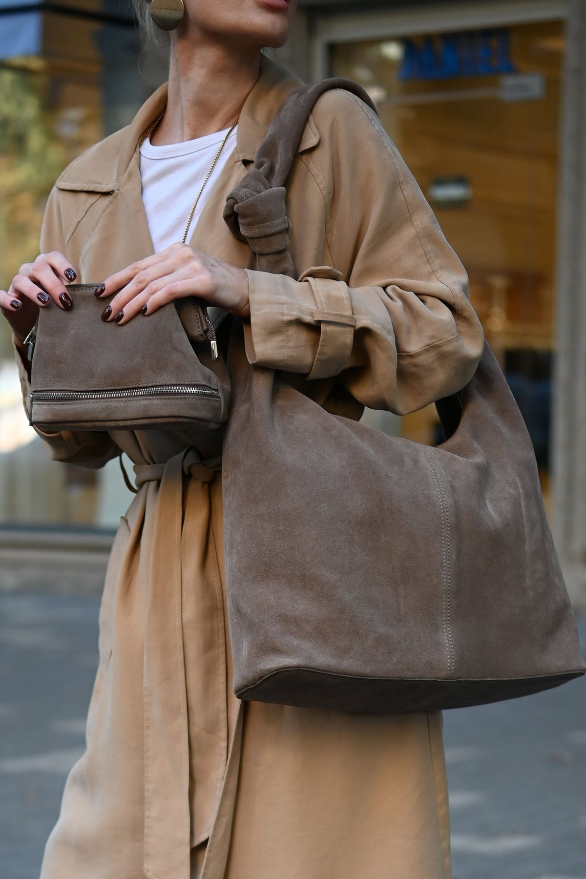 Mushroom Suede Shoulder Bag with Knotted Handle & Zip Top