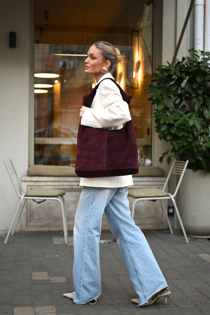Merlot Suede Shoulder Bag with Knotted Handle & Zip Top