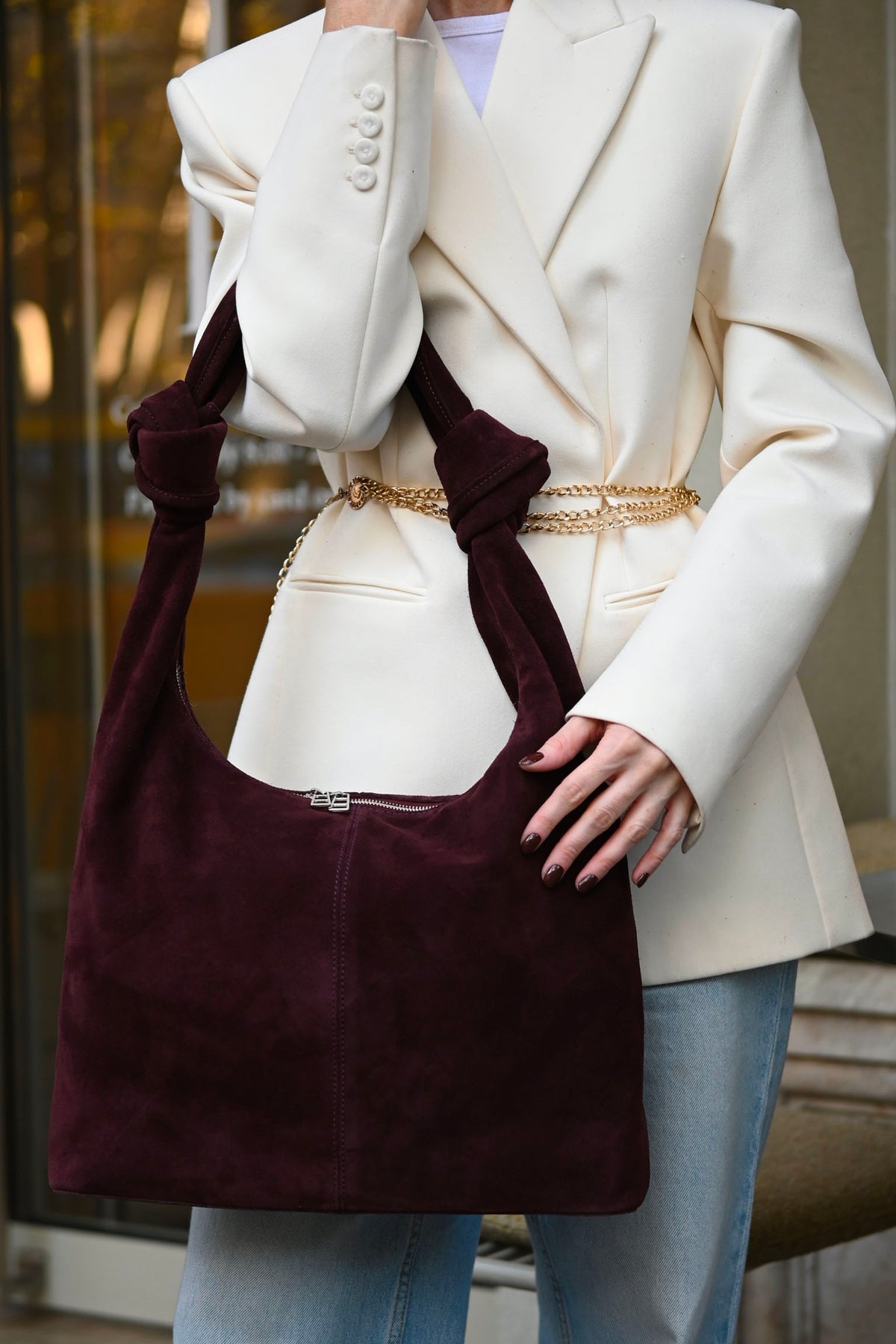 Merlot Suede Shoulder Bag with Knotted Handle & Zip Top