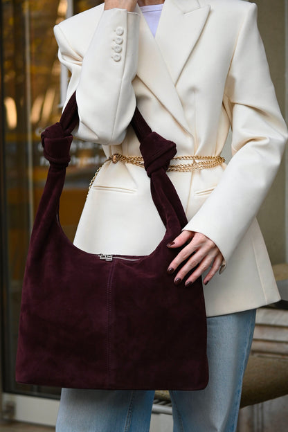 Merlot Suede Shoulder Bag with Knotted Handle & Zip Top